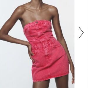 Zara strapless hot pink denim mini dress size Large